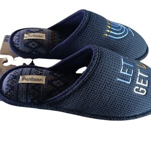 Dearfoams Blue Slippers w/Menorah Design "LET'S GET LIT"